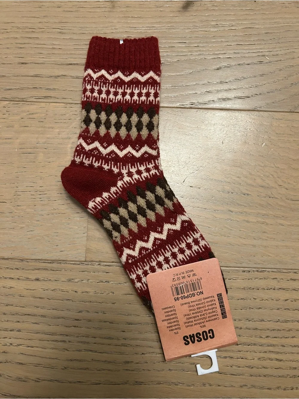 Cashmere Blend Womens Red Patterned Cozy Socks Size 39-42